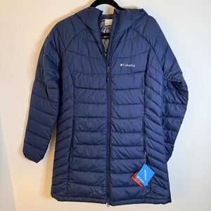 NWT Columbia Powder Lite II Mid Jacket Navy Blue Omni-Heat Long Puffer Womens M